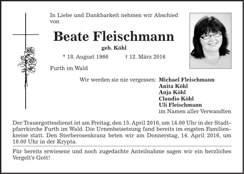 Traueranzeige Beate Fleischmann