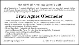 Traueranzeige Agnes Obermeier