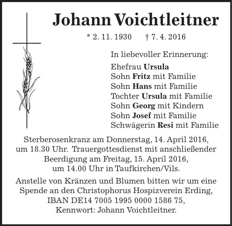 Traueranzeige Johann Voichtleitner