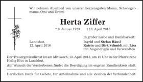 Traueranzeige Herta Ziffer