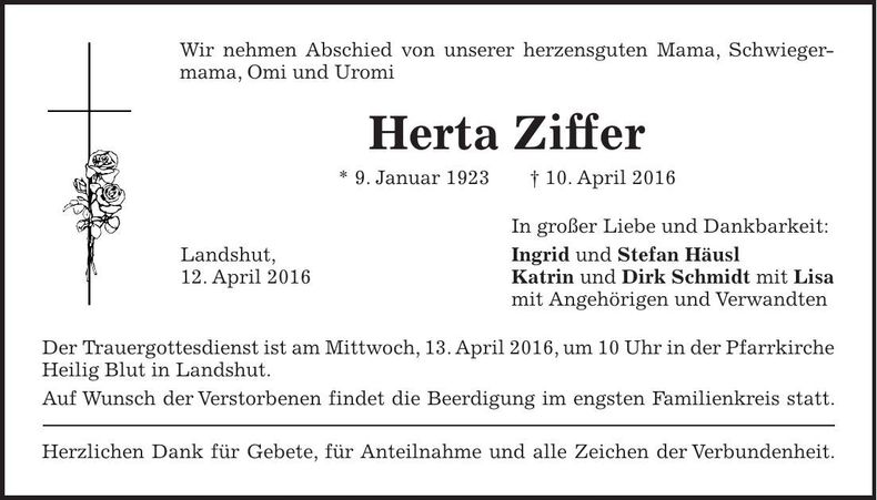 Traueranzeige Herta Ziffer