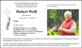 Traueranzeige Hubert Weiß