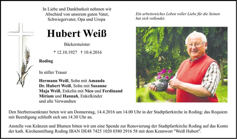 Traueranzeige Hubert Weiß