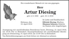 Traueranzeige Artur Diesing
