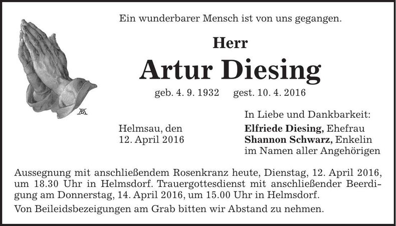 Traueranzeige Artur Diesing