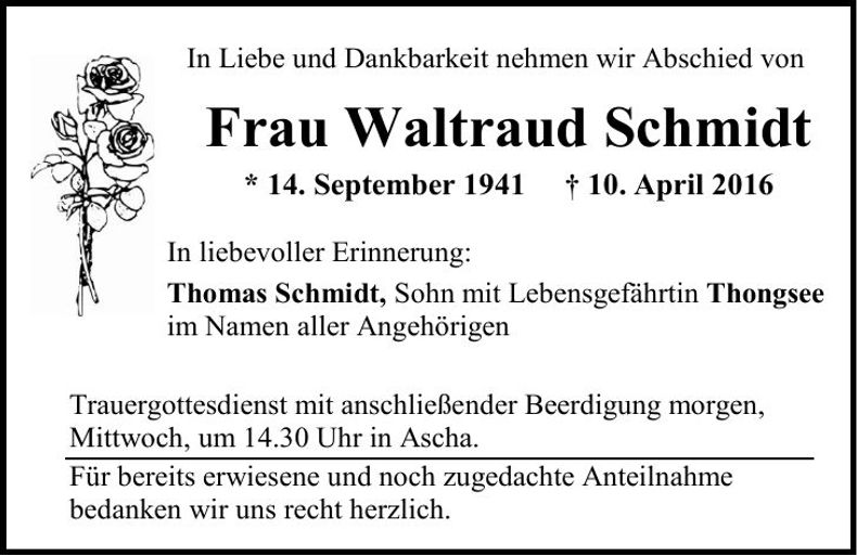 Traueranzeige Waltraud Schmidt
