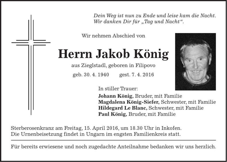 Traueranzeige Jakob König