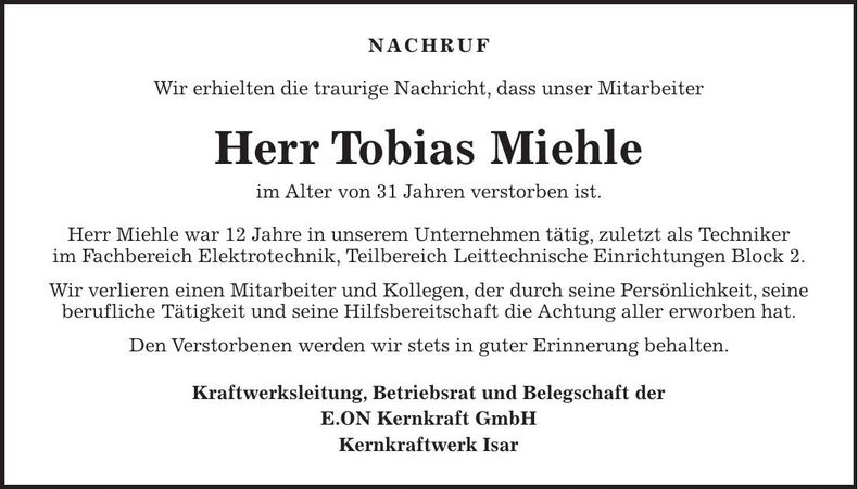 Traueranzeige Tobias Miehle