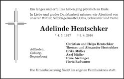 Traueranzeige Adelinde Hentschker