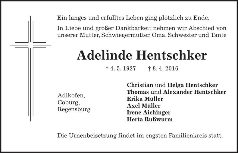 Traueranzeige Adelinde Hentschker