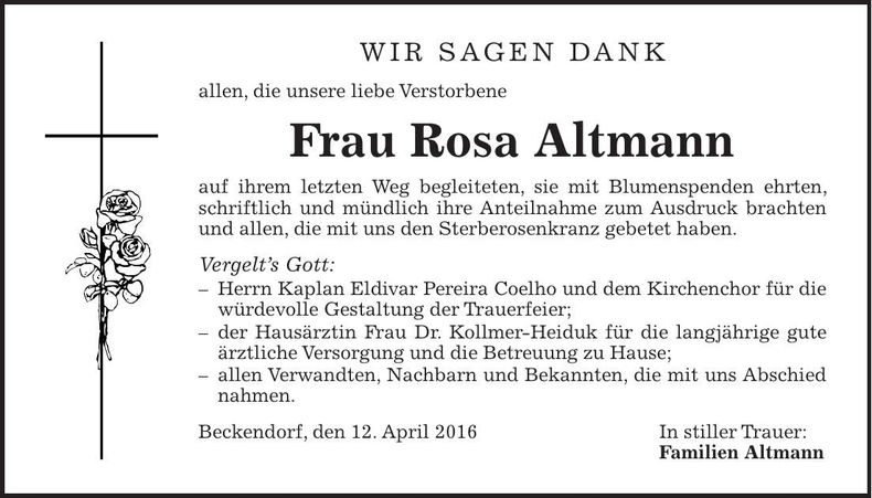 Traueranzeige Rosa Altmann