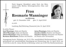 Traueranzeige Rosmarie Wanninger