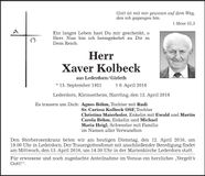 Traueranzeige Xaver Kolbeck
