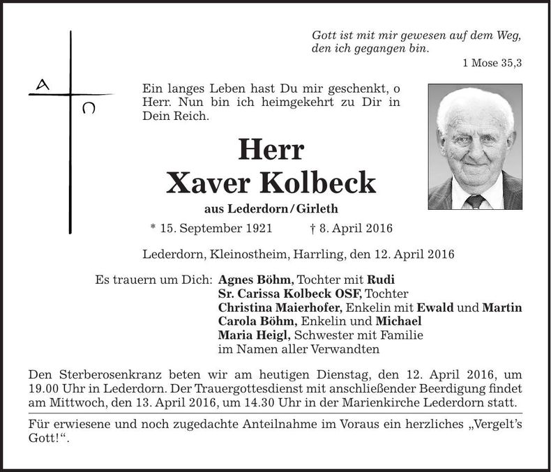 Traueranzeige Xaver Kolbeck