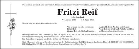 Traueranzeige Fritzi Reif