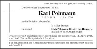 Traueranzeige Karl Pohmann