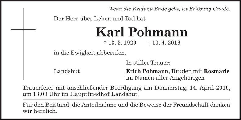 Traueranzeige Karl Pohmann