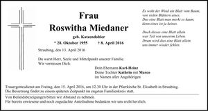 Traueranzeige Roswitha Miedaner