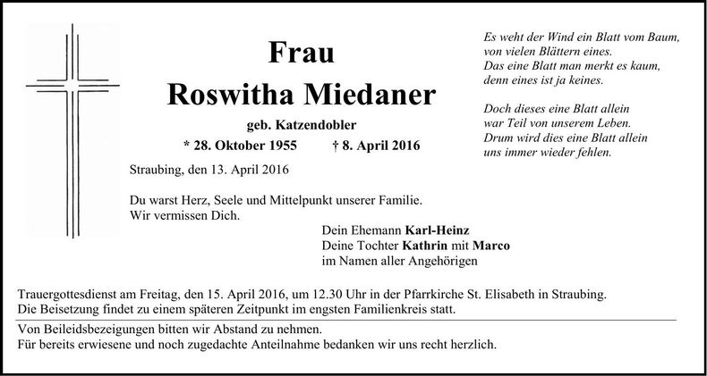 Traueranzeige Roswitha Miedaner