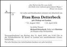 Traueranzeige Rosa Detterbeck