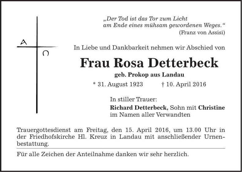 Traueranzeige Rosa Detterbeck
