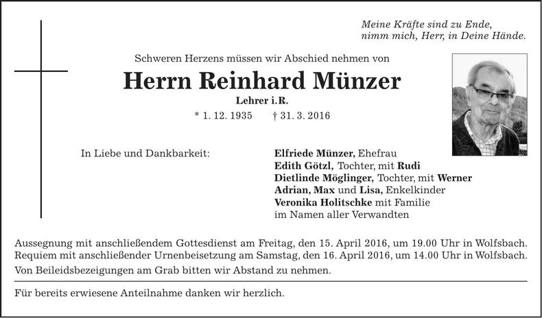 Traueranzeige Reinhard Münzer