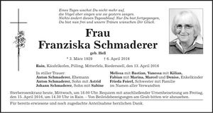 Traueranzeige Franziska Schmaderer