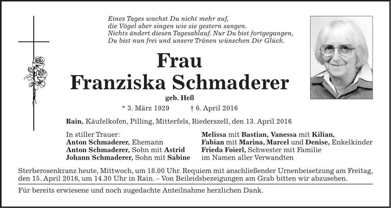 Traueranzeige Franziska Schmaderer