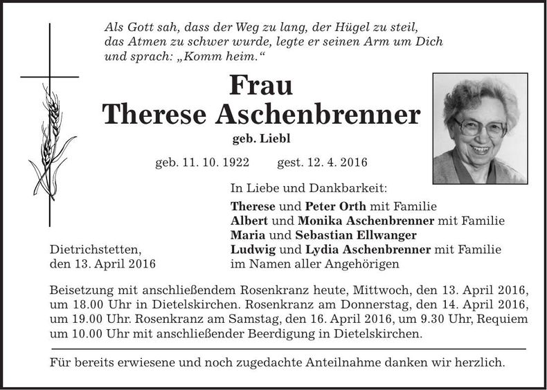 Traueranzeige Therese Aschenbrenner