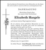 Traueranzeige Elisabeth Haegele