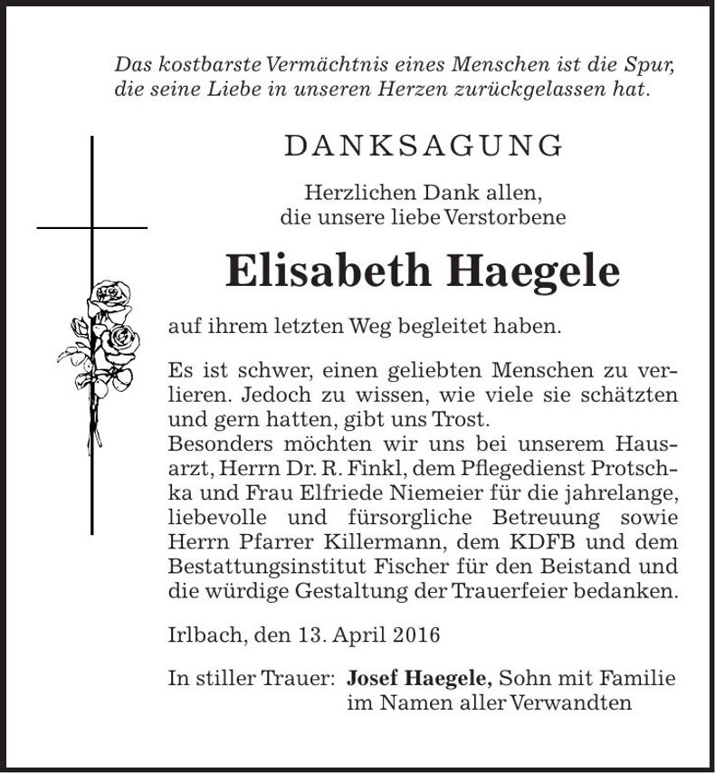 Traueranzeige Elisabeth Haegele