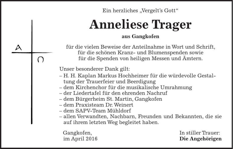 Traueranzeige Anneliese Trager