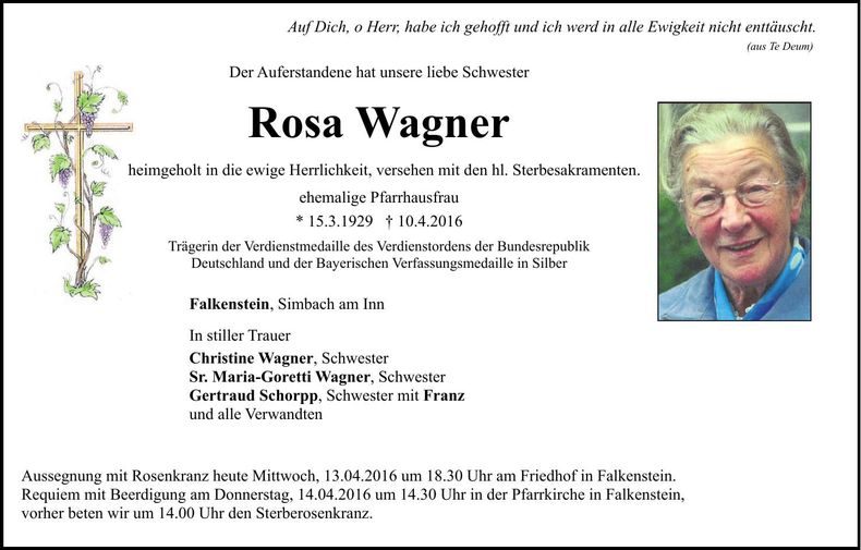 Traueranzeige Rosa Wagner