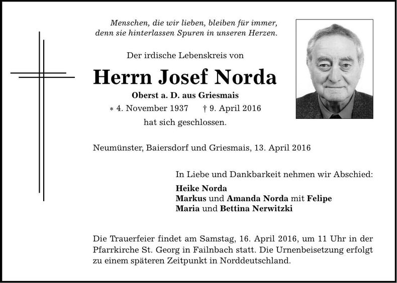 Traueranzeige Josef Norda