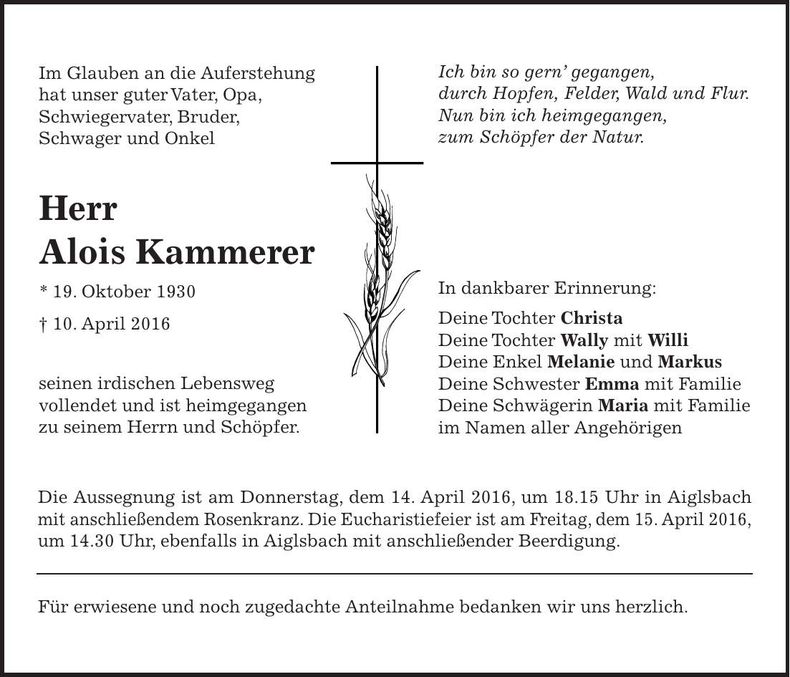 Traueranzeige Alois Kammerer