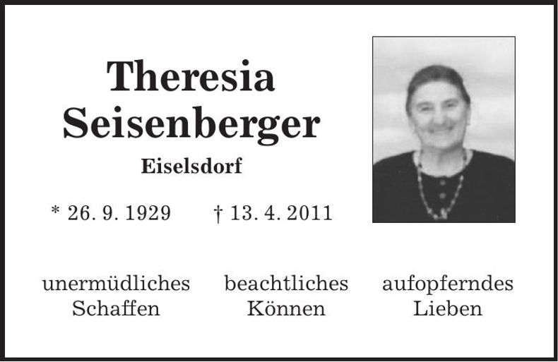 Traueranzeige Theresia Seisenberger