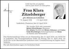 Traueranzeige Klara Zitzelsberger