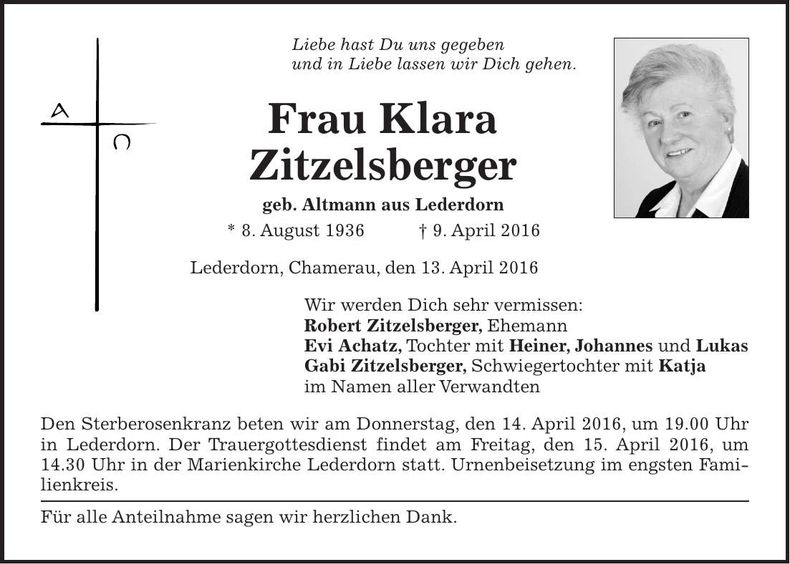 Traueranzeige Klara Zitzelsberger