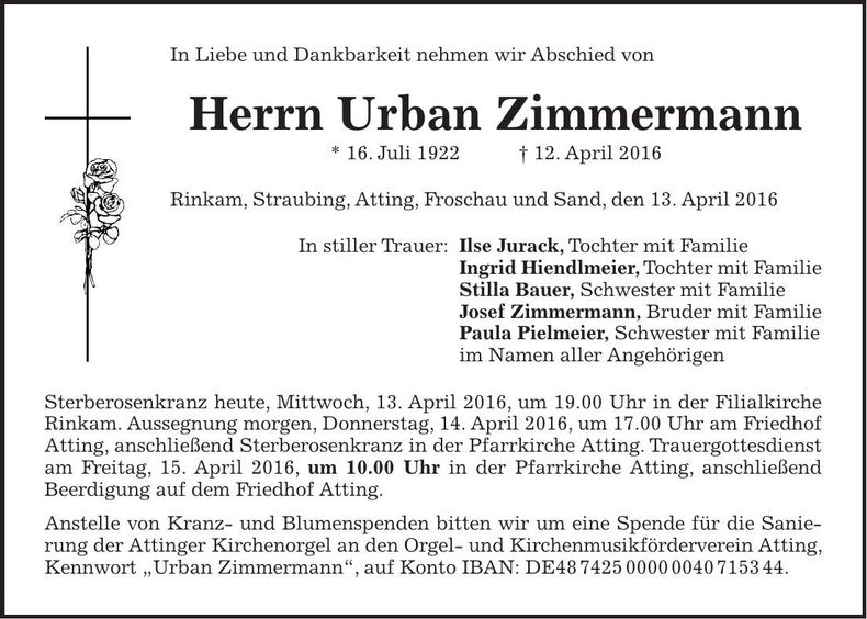 Traueranzeige Urban Zimmermann