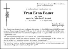 Traueranzeige Erna Bauer