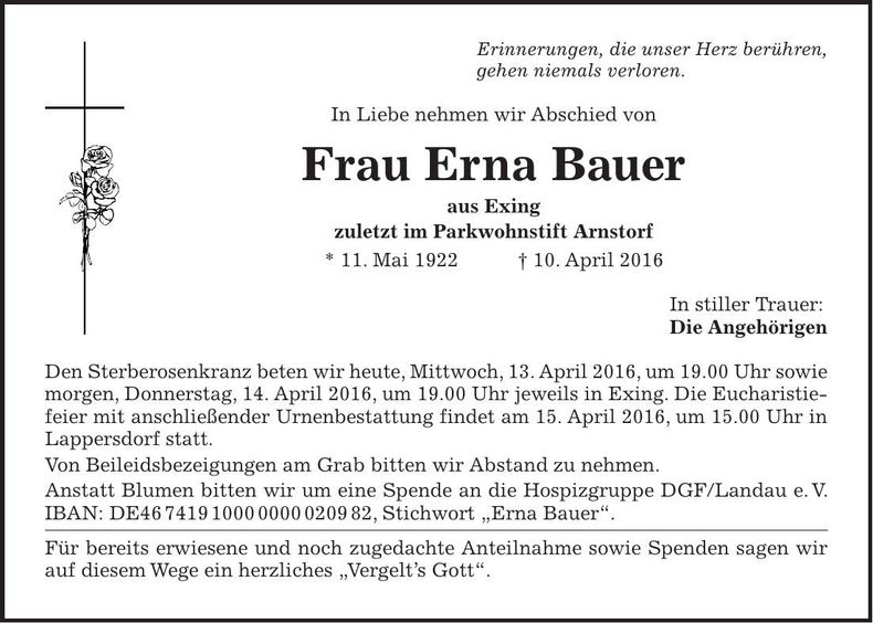 Traueranzeige Erna Bauer