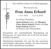 Traueranzeige Anna Erhard