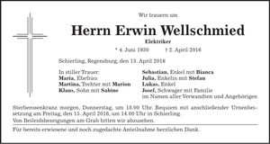 Traueranzeige Erwin Wellschmied