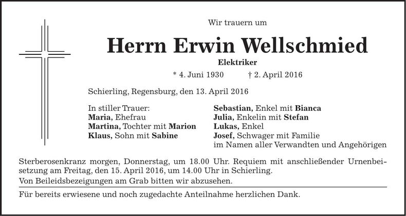 Traueranzeige Erwin Wellschmied