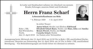 Traueranzeige Franz Scharf