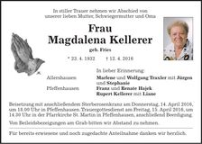 Traueranzeige Magdalena Kellerer