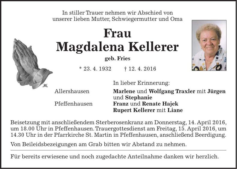 Traueranzeige Magdalena Kellerer