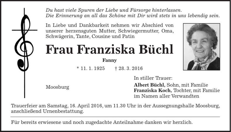 Traueranzeige Franziska Büchl