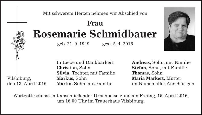 Traueranzeige Rosemarie Schmidbauer