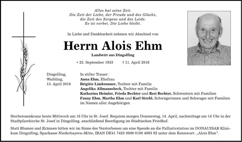 Traueranzeige Alois Ehm
